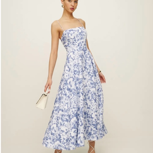 Reformation Monette Linen Dress  Blue Floral Midi Dress - Picture 2 of 7